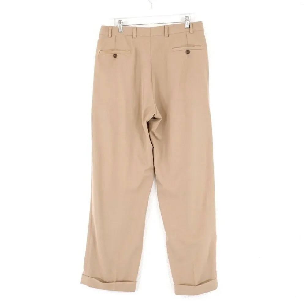 DAMAGED Joseph Feiss Wool Tan 33/30 Dress Pants Mid Rise Pleated Cuffed Lined Pa
